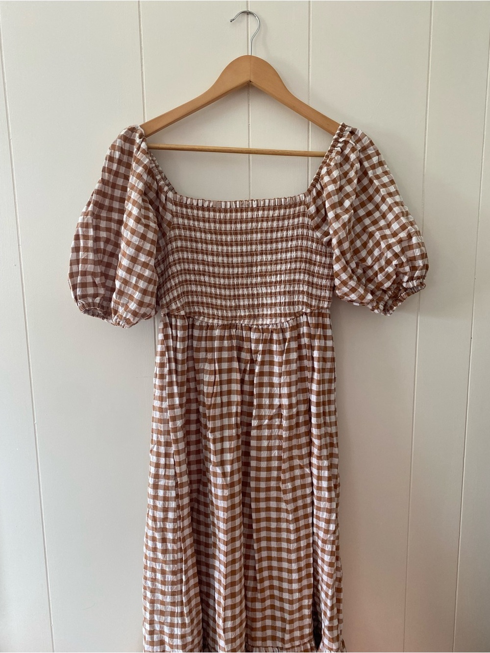 ASOS Influence square neck puff sleeve beach dress in brown plaid US 6/UK 10